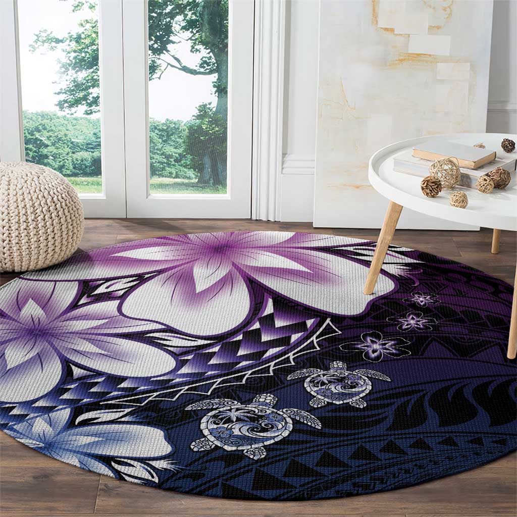 Polynesia Romantic Valentine Round Carpet Sea Turtle Couple With Purple Gradient Plumeria