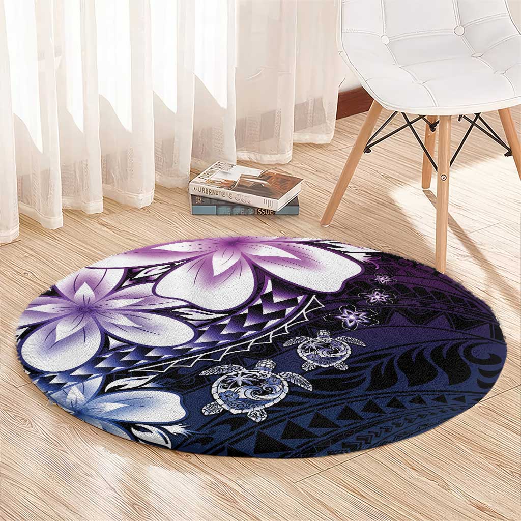Polynesia Romantic Valentine Round Carpet Sea Turtle Couple With Purple Gradient Plumeria
