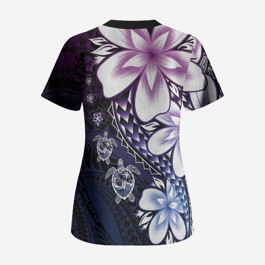 Polynesia Romantic Valentine Scrub Top Sea Turtle Couple With Purple Gradient Plumeria