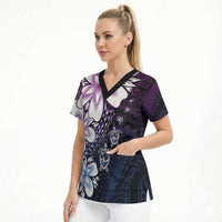 Polynesia Romantic Valentine Scrub Top Sea Turtle Couple With Purple Gradient Plumeria