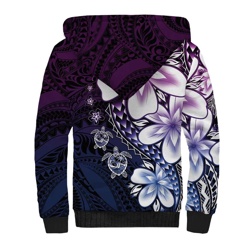 Polynesia Romantic Valentine Sherpa Hoodie Sea Turtle Couple With Purple Gradient Plumeria