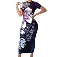 Polynesia Romantic Valentine Short Sleeve Bodycon Dress Sea Turtle Couple With Purple Gradient Plumeria
