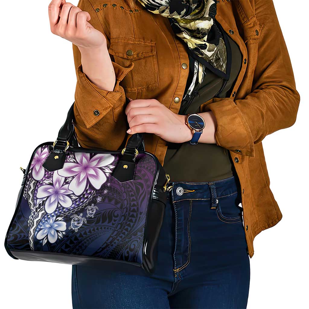 Polynesia Romantic Valentine Shoulder Handbag Sea Turtle Couple With Purple Gradient Plumeria