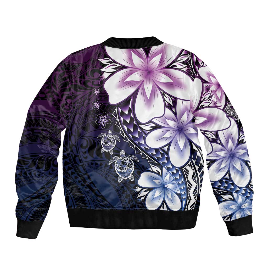 Polynesia Romantic Valentine Sleeve Zip Bomber Jacket Sea Turtle Couple With Purple Gradient Plumeria