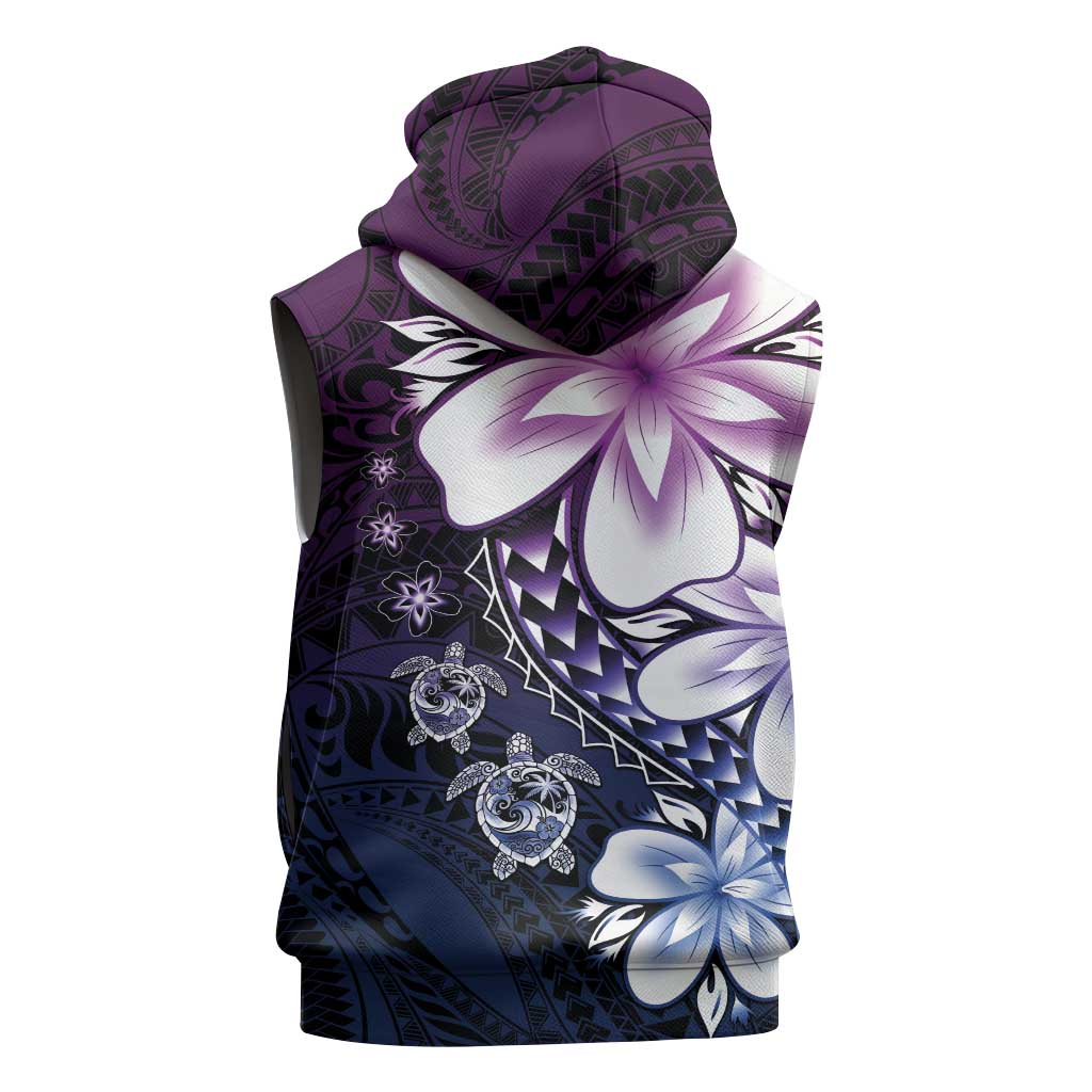 Polynesia Romantic Valentine Sleeveless Hoodie Sea Turtle Couple With Purple Gradient Plumeria