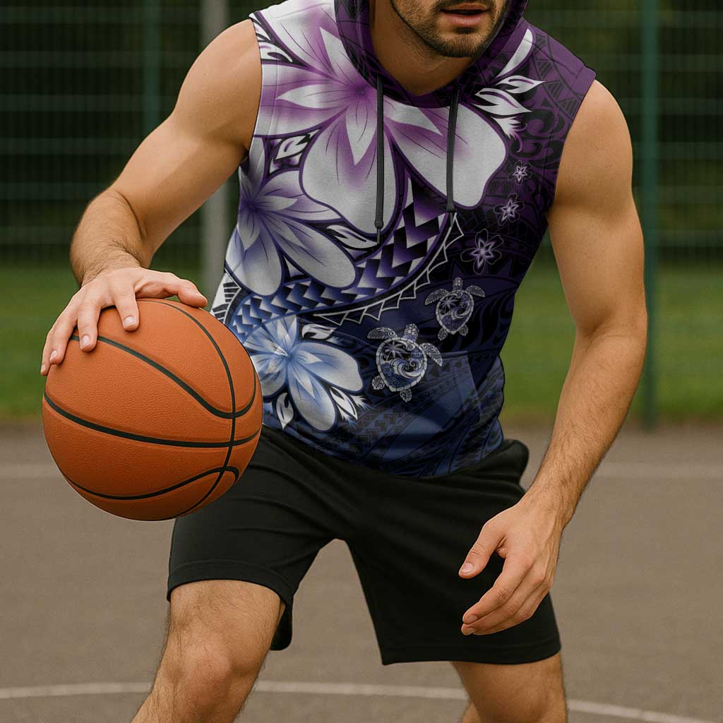Polynesia Romantic Valentine Sleeveless Hoodie Sea Turtle Couple With Purple Gradient Plumeria
