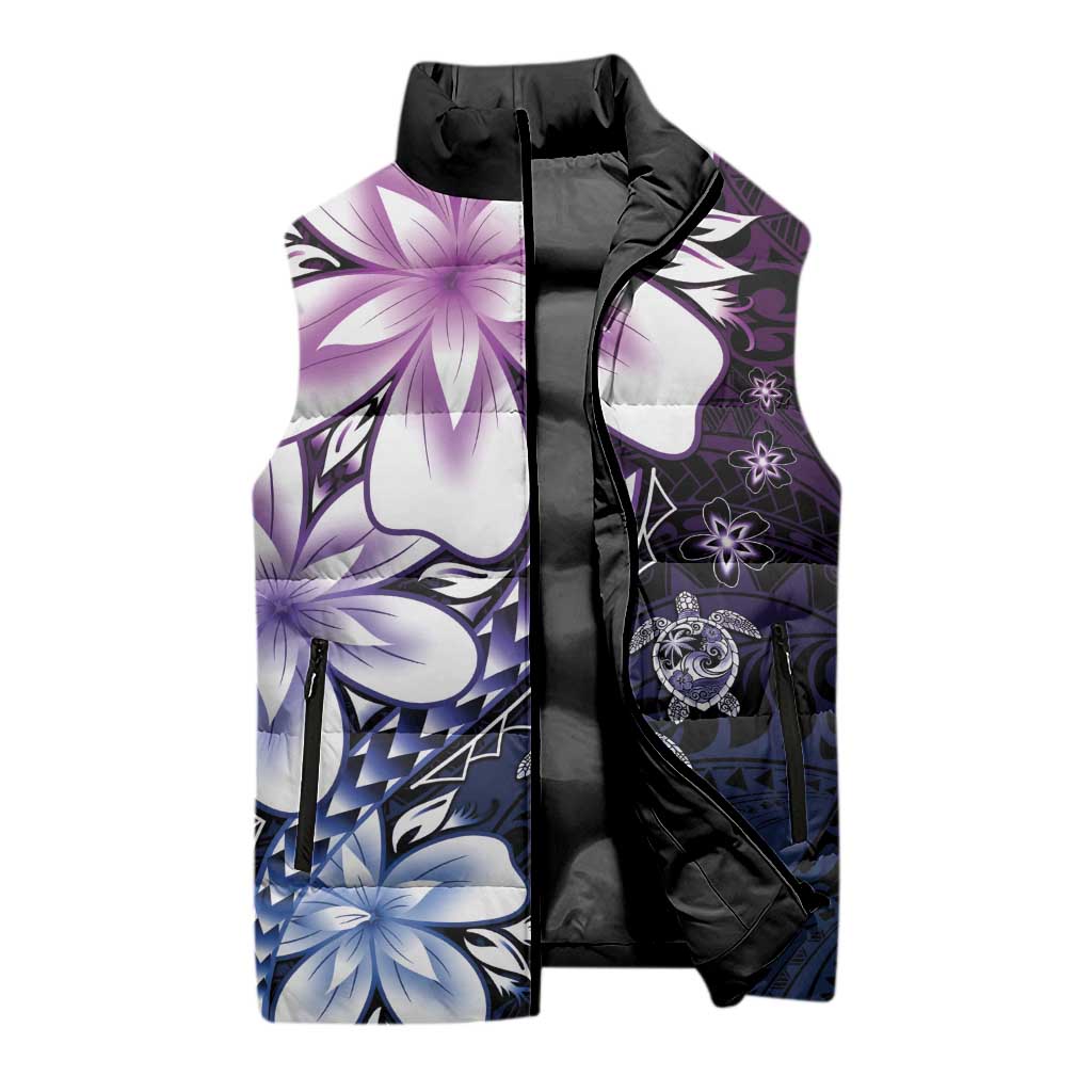 Polynesia Romantic Valentine Sleeveless Puffer Jacket Sea Turtle Couple With Purple Gradient Plumeria