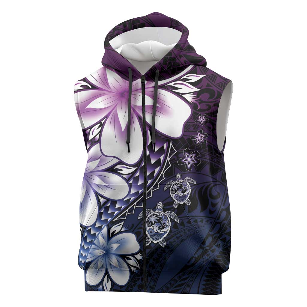 Polynesia Romantic Valentine Sleeveless Zip Hoodie Sea Turtle Couple With Purple Gradient Plumeria