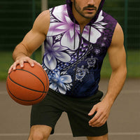 Polynesia Romantic Valentine Sleeveless Zip Hoodie Sea Turtle Couple With Purple Gradient Plumeria