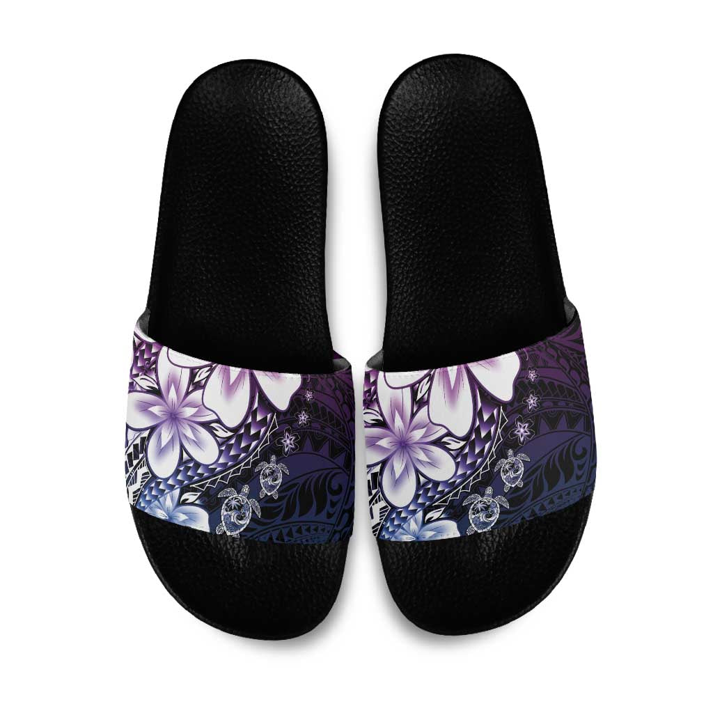 Polynesia Romantic Valentine Slide Sandals Sea Turtle Couple With Purple Gradient Plumeria