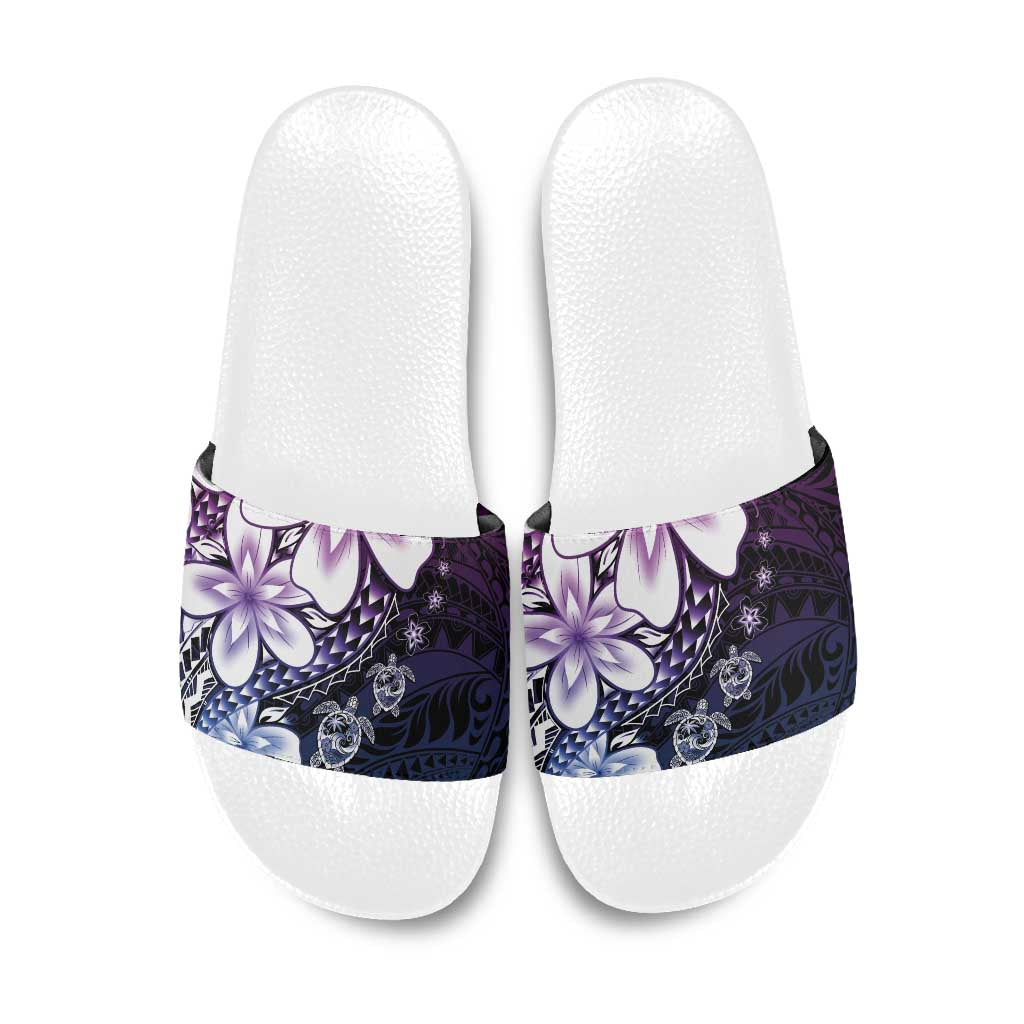 Polynesia Romantic Valentine Slide Sandals Sea Turtle Couple With Purple Gradient Plumeria