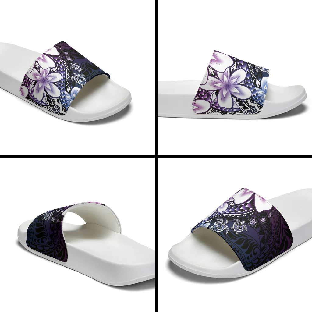 Polynesia Romantic Valentine Slide Sandals Sea Turtle Couple With Purple Gradient Plumeria