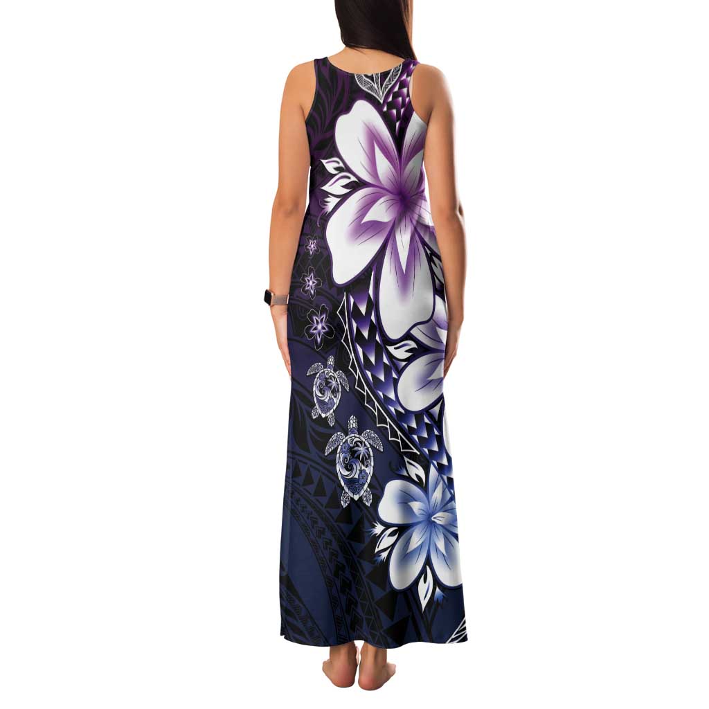 Polynesia Romantic Valentine Tank Maxi Dress Sea Turtle Couple With Purple Gradient Plumeria