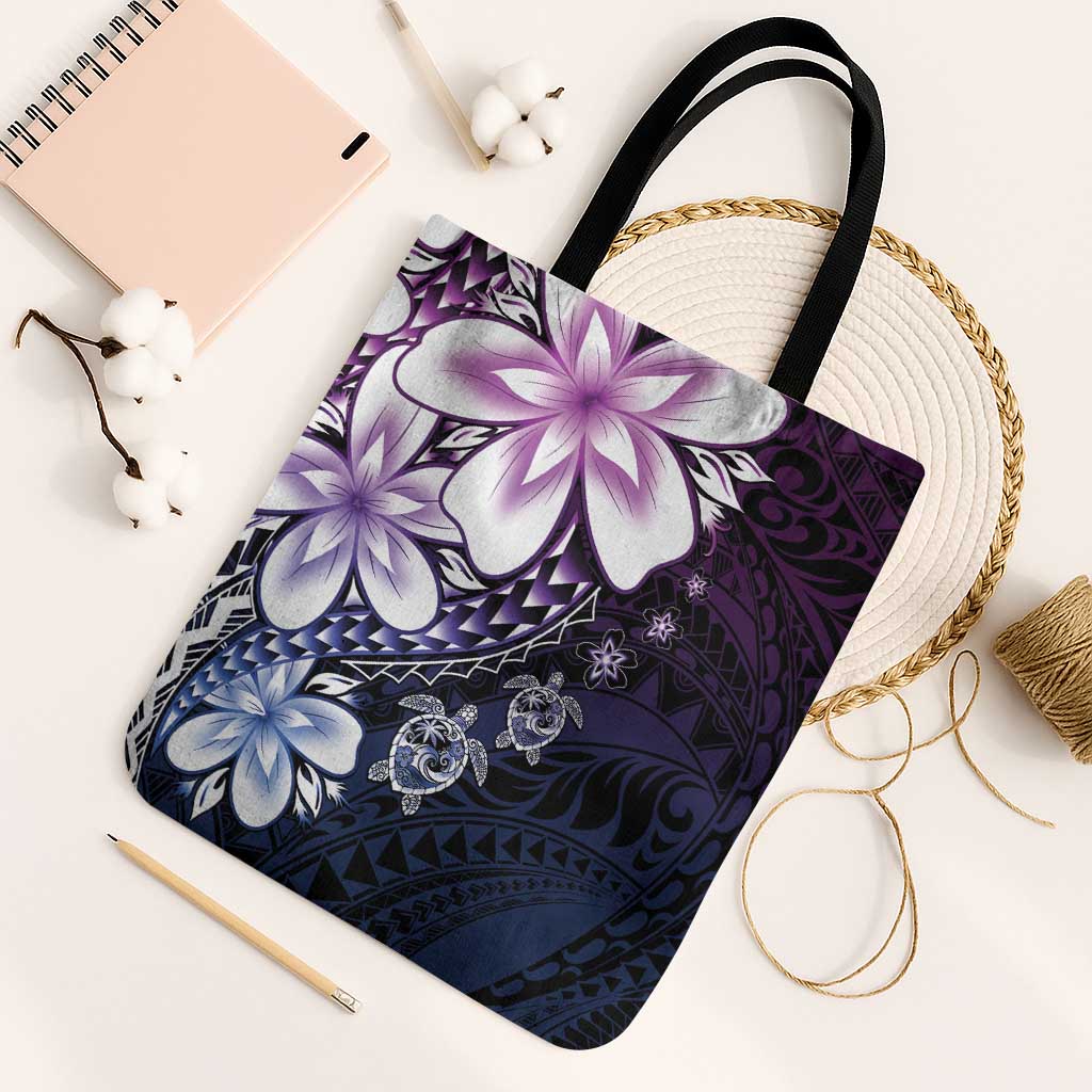 Polynesia Romantic Valentine Tote Bag Sea Turtle Couple With Purple Gradient Plumeria