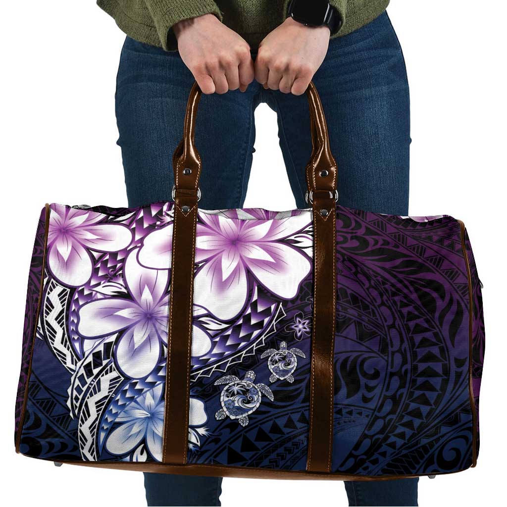 Polynesia Romantic Valentine Travel Bag Sea Turtle Couple With Purple Gradient Plumeria