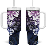 Polynesia Romantic Valentine Tumbler With Handle Sea Turtle Couple With Purple Gradient Plumeria