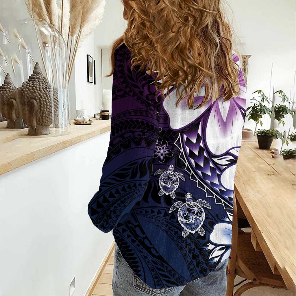 Polynesia Romantic Valentine Women Casual Shirt Sea Turtle Couple With Purple Gradient Plumeria