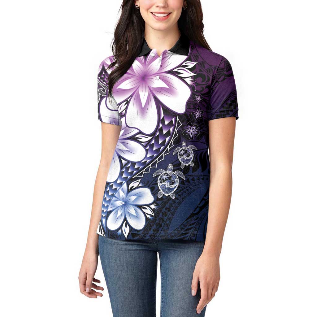 Polynesia Romantic Valentine Women Polo Shirt Sea Turtle Couple With Purple Gradient Plumeria