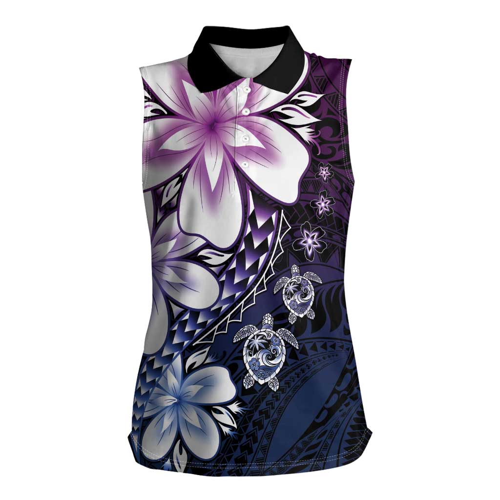 Polynesia Romantic Valentine Women Sleeveless Polo Shirt Sea Turtle Couple With Purple Gradient Plumeria