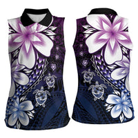 Polynesia Romantic Valentine Women Sleeveless Polo Shirt Sea Turtle Couple With Purple Gradient Plumeria