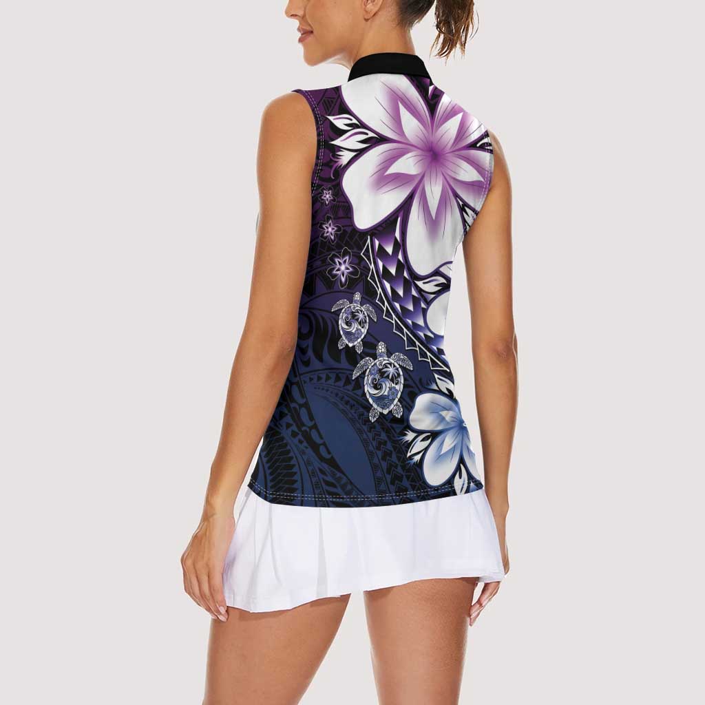 Polynesia Romantic Valentine Women Sleeveless Polo Shirt Sea Turtle Couple With Purple Gradient Plumeria