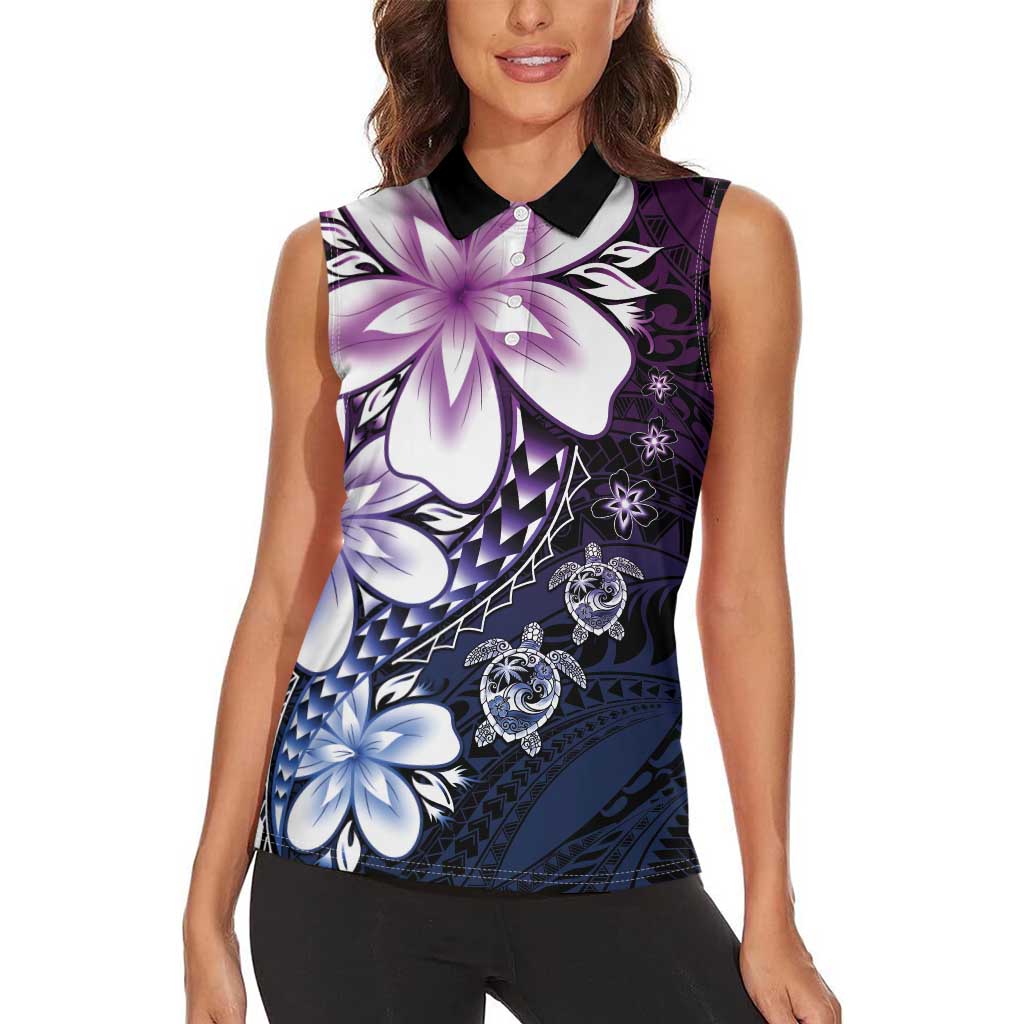 Polynesia Romantic Valentine Women Sleeveless Polo Shirt Sea Turtle Couple With Purple Gradient Plumeria