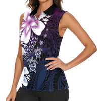 Polynesia Romantic Valentine Women Sleeveless Polo Shirt Sea Turtle Couple With Purple Gradient Plumeria