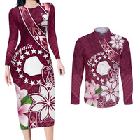 Personalised Cook Island Mangaia Gospel Day Couples Matching Long Sleeve Bodycon Dress and Long Sleeve Button Shirt Floral Tribal Pattern LT05 Maroon - Polynesian Pride