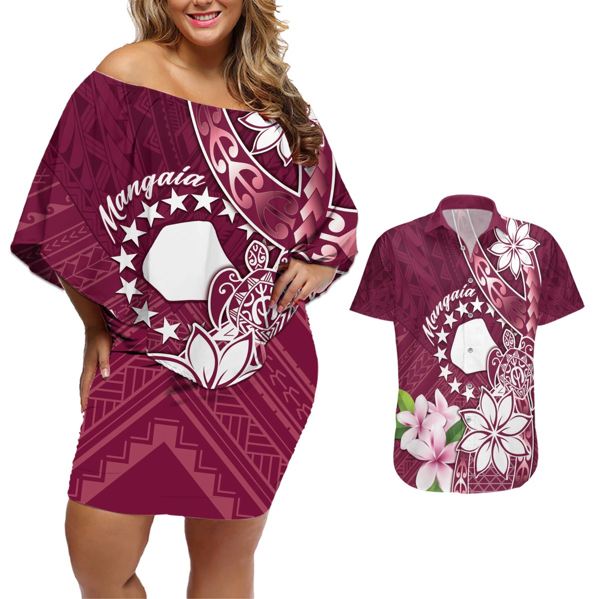 Personalised Cook Island Mangaia Gospel Day Couples Matching Off Shoulder Short Dress and Hawaiian Shirt Floral Tribal Pattern LT05 Maroon - Polynesian Pride