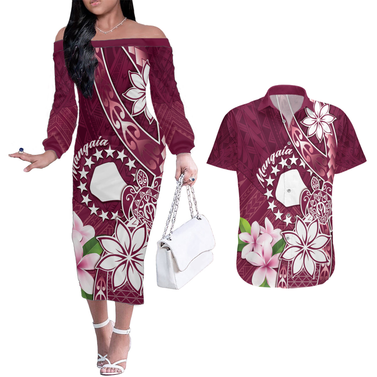 Personalised Cook Island Mangaia Gospel Day Couples Matching Off The Shoulder Long Sleeve Dress and Hawaiian Shirt Floral Tribal Pattern LT05 Maroon - Polynesian Pride