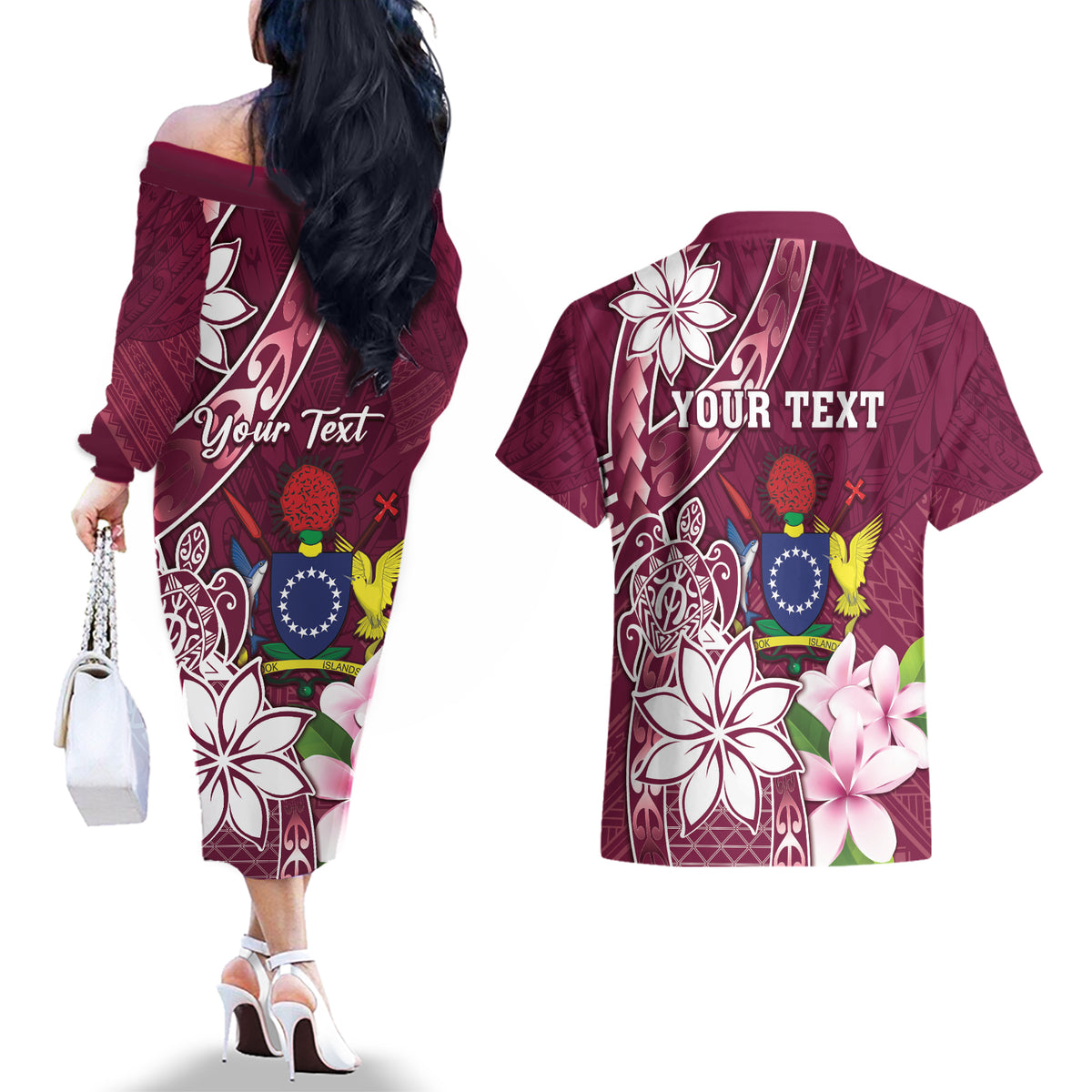 Personalised Cook Island Mangaia Gospel Day Couples Matching Off The Shoulder Long Sleeve Dress and Hawaiian Shirt Floral Tribal Pattern LT05 - Polynesian Pride