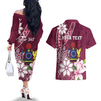 Personalised Cook Island Mangaia Gospel Day Couples Matching Off The Shoulder Long Sleeve Dress and Hawaiian Shirt Floral Tribal Pattern LT05 - Polynesian Pride