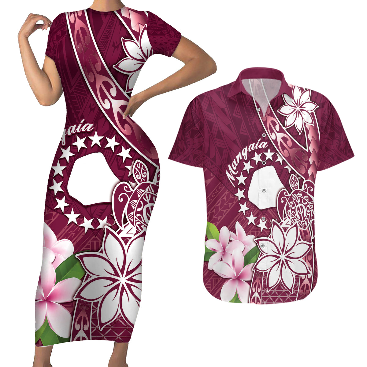 Personalised Cook Island Mangaia Gospel Day Couples Matching Short Sleeve Bodycon Dress and Hawaiian Shirt Floral Tribal Pattern LT05 Maroon - Polynesian Pride