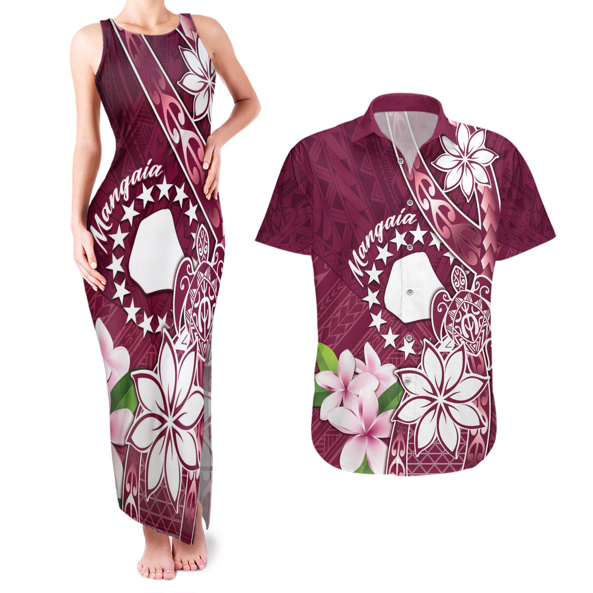 Personalised Cook Island Mangaia Gospel Day Couples Matching Tank Maxi Dress and Hawaiian Shirt Floral Tribal Pattern LT05 Maroon - Polynesian Pride