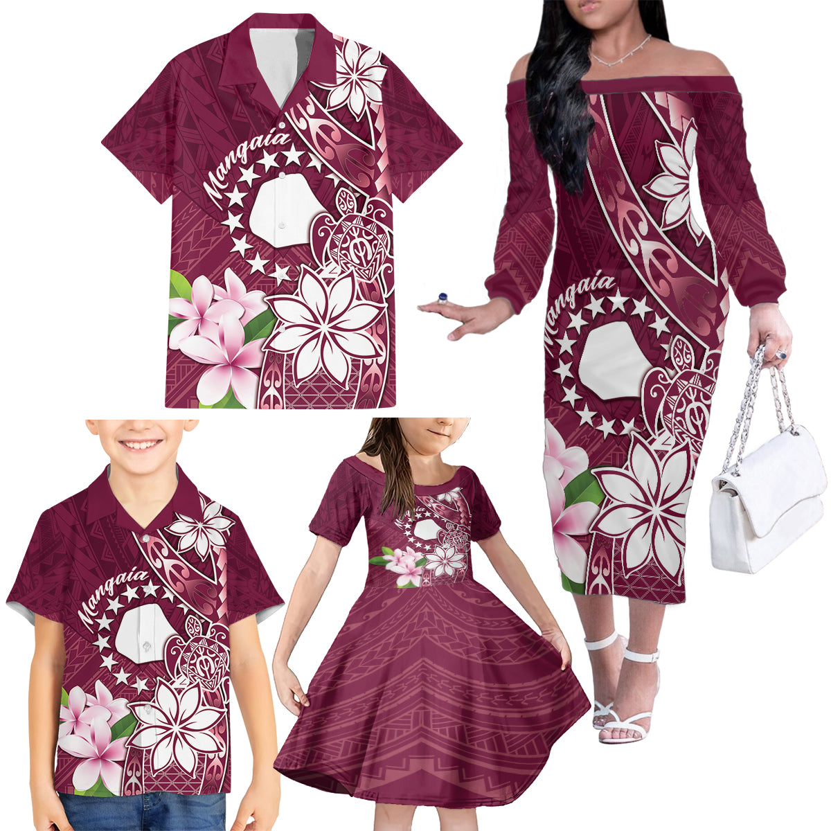 Personalised Cook Island Mangaia Gospel Day Family Matching Off The Shoulder Long Sleeve Dress and Hawaiian Shirt Floral Tribal Pattern LT05 - Polynesian Pride