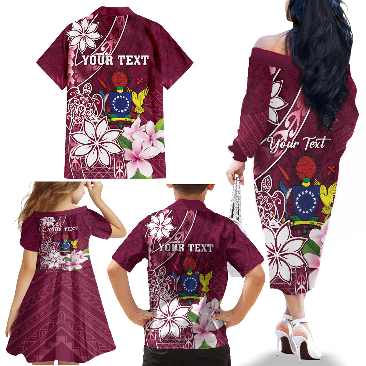 Personalised Cook Island Mangaia Gospel Day Family Matching Off The Shoulder Long Sleeve Dress and Hawaiian Shirt Floral Tribal Pattern LT05 - Polynesian Pride