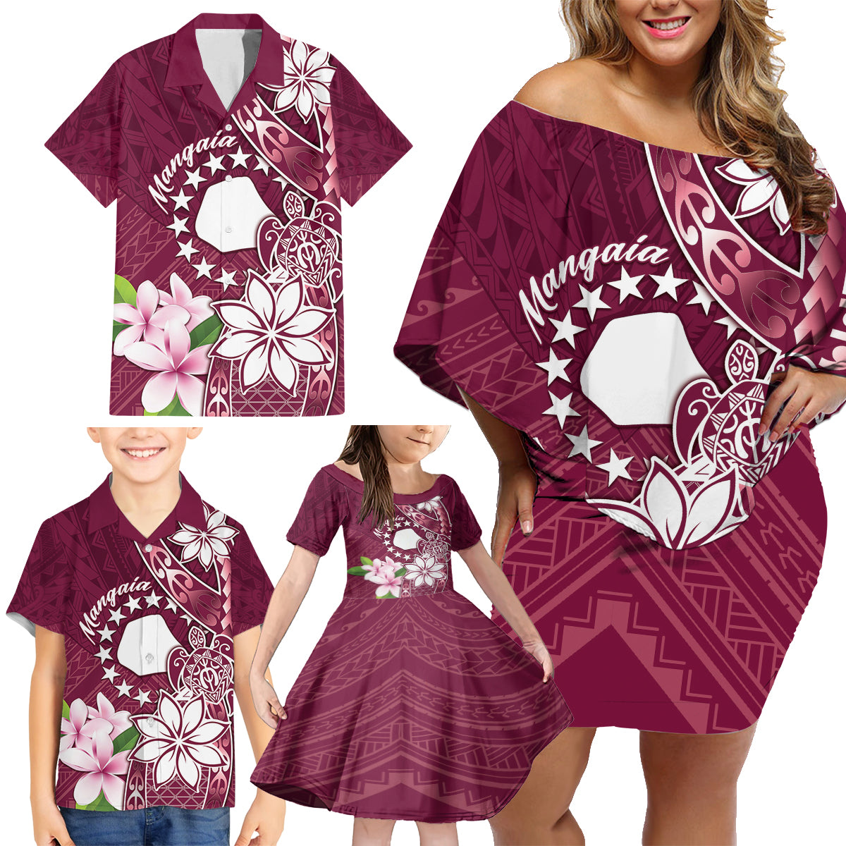 Personalised Cook Island Mangaia Gospel Day Family Matching Off Shoulder Short Dress and Hawaiian Shirt Floral Tribal Pattern LT05 - Polynesian Pride