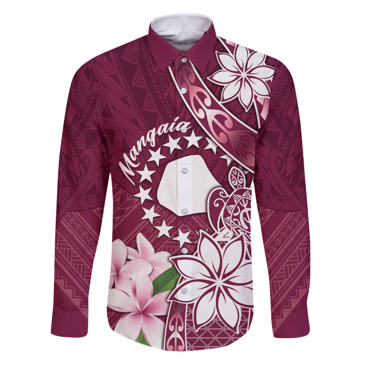 Personalised Cook Island Mangaia Gospel Day Family Matching Puletasi and Hawaiian Shirt Floral Tribal Pattern LT05 Dad's Shirt - Long Sleeve Maroon - Polynesian Pride