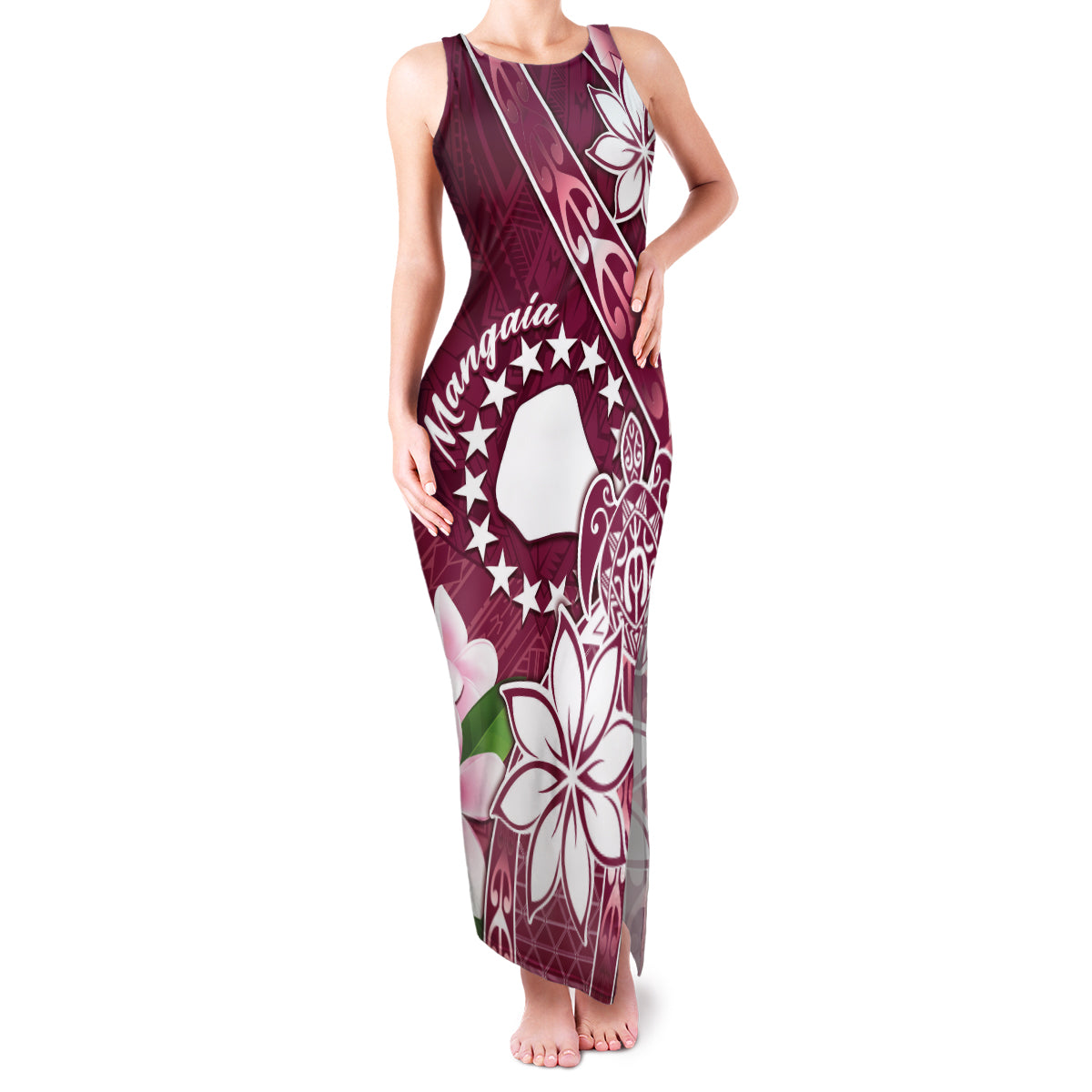 Personalised Cook Island Mangaia Gospel Day Family Matching Tank Maxi Dress and Hawaiian Shirt Floral Tribal Pattern LT05 Mom's Dress Maroon - Polynesian Pride