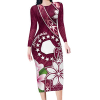 Personalised Cook Island Mangaia Gospel Day Long Sleeve Bodycon Dress Floral Tribal Pattern LT05 Long Dress Maroon - Polynesian Pride