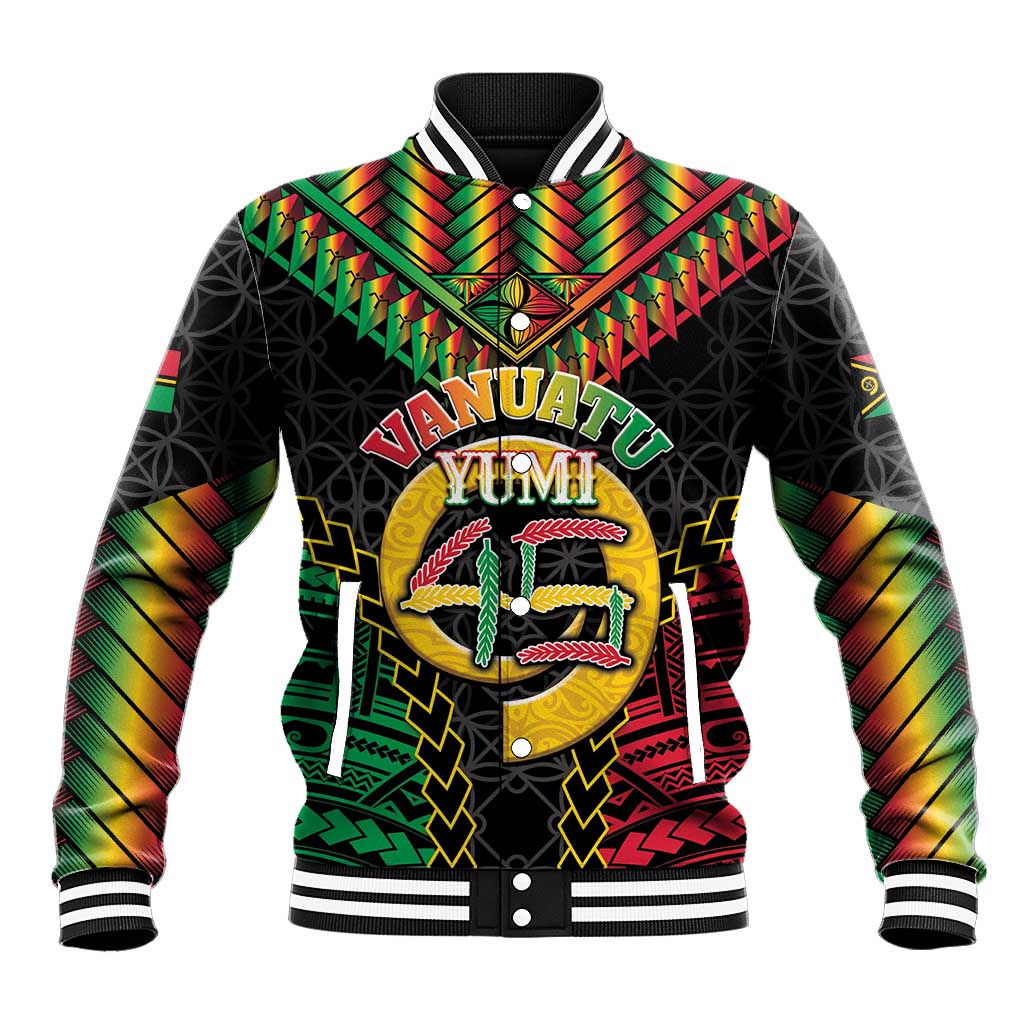 Vanuatu 45th Anniversary Independence Day Baseball Jacket Melanesian Warrior With Sand Drawing Pattern LT05