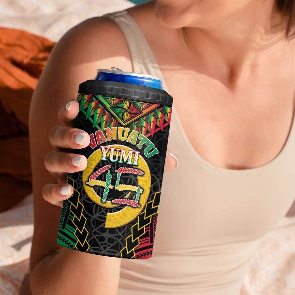 Vanuatu 45th Anniversary Independence Day 4 in 1 Can Cooler Tumbler Melanesian Warrior With Sand Drawing Pattern LT05