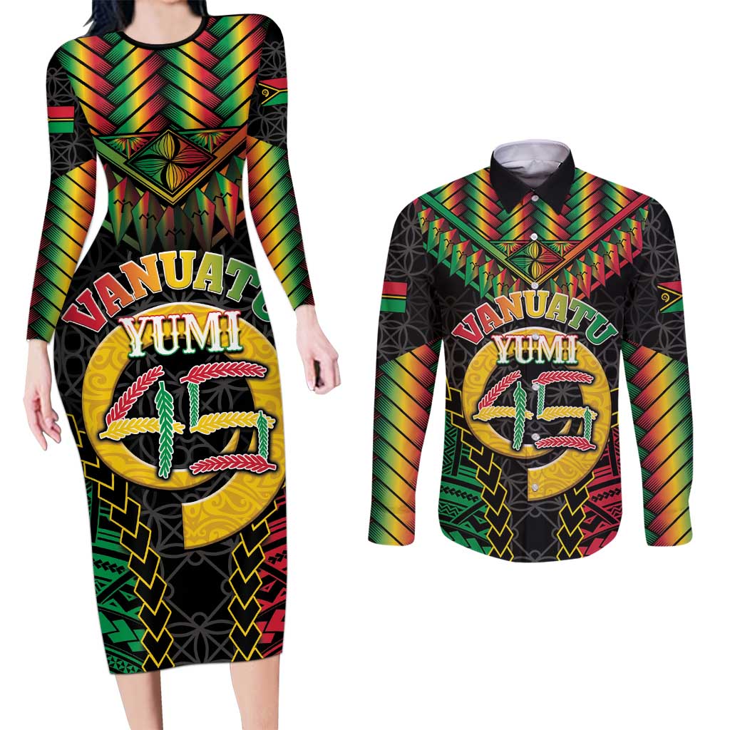 Vanuatu 45th Anniversary Independence Day Couples Matching Long Sleeve Bodycon Dress and Long Sleeve Button Shirt Melanesian Warrior With Sand Drawing Pattern LT05