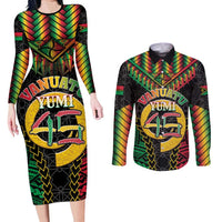 Vanuatu 45th Anniversary Independence Day Couples Matching Long Sleeve Bodycon Dress and Long Sleeve Button Shirt Melanesian Warrior With Sand Drawing Pattern LT05