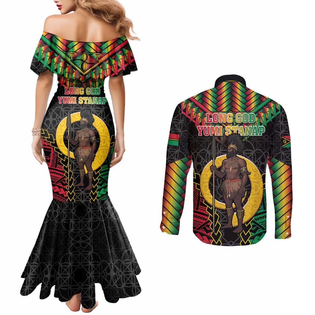 Vanuatu 45th Anniversary Independence Day Couples Matching Mermaid Dress and Long Sleeve Button Shirt Melanesian Warrior With Sand Drawing Pattern LT05