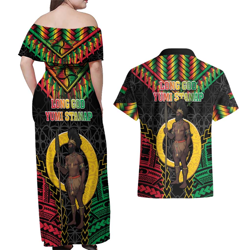 Vanuatu 45th Anniversary Independence Day Couples Matching Off Shoulder Maxi Dress and Hawaiian Shirt Melanesian Warrior With Sand Drawing Pattern LT05