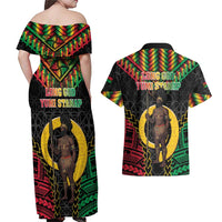 Vanuatu 45th Anniversary Independence Day Couples Matching Off Shoulder Maxi Dress and Hawaiian Shirt Melanesian Warrior With Sand Drawing Pattern LT05