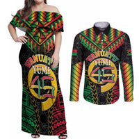 Vanuatu 45th Anniversary Independence Day Couples Matching Off Shoulder Maxi Dress and Long Sleeve Button Shirt Melanesian Warrior With Sand Drawing Pattern LT05