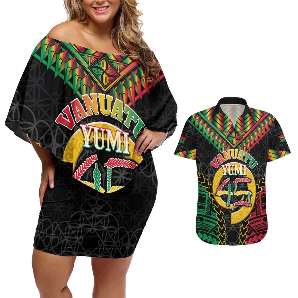 Vanuatu 45th Anniversary Independence Day Couples Matching Off Shoulder Short Dress and Hawaiian Shirt Melanesian Warrior With Sand Drawing Pattern LT05