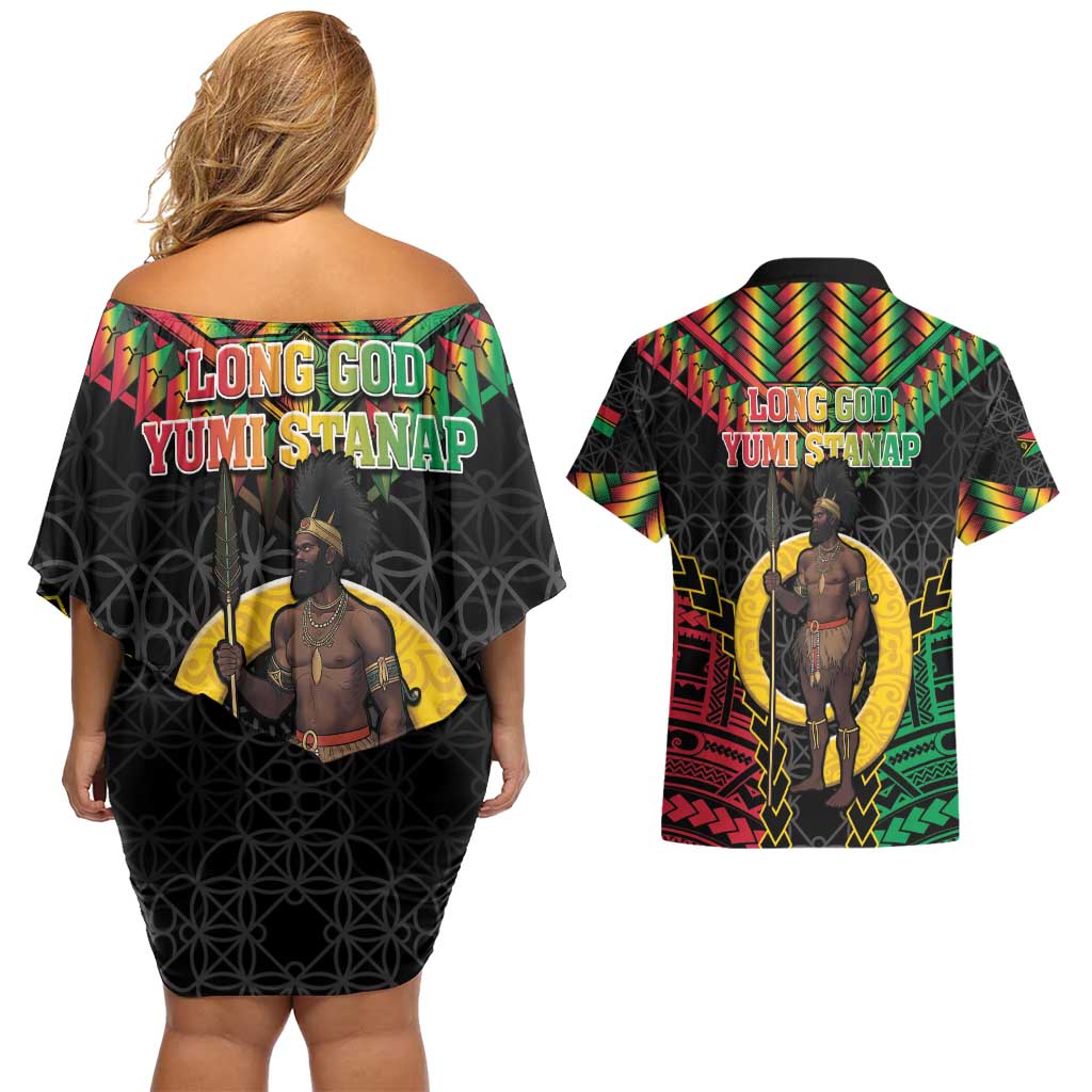 Vanuatu 45th Anniversary Independence Day Couples Matching Off Shoulder Short Dress and Hawaiian Shirt Melanesian Warrior With Sand Drawing Pattern LT05